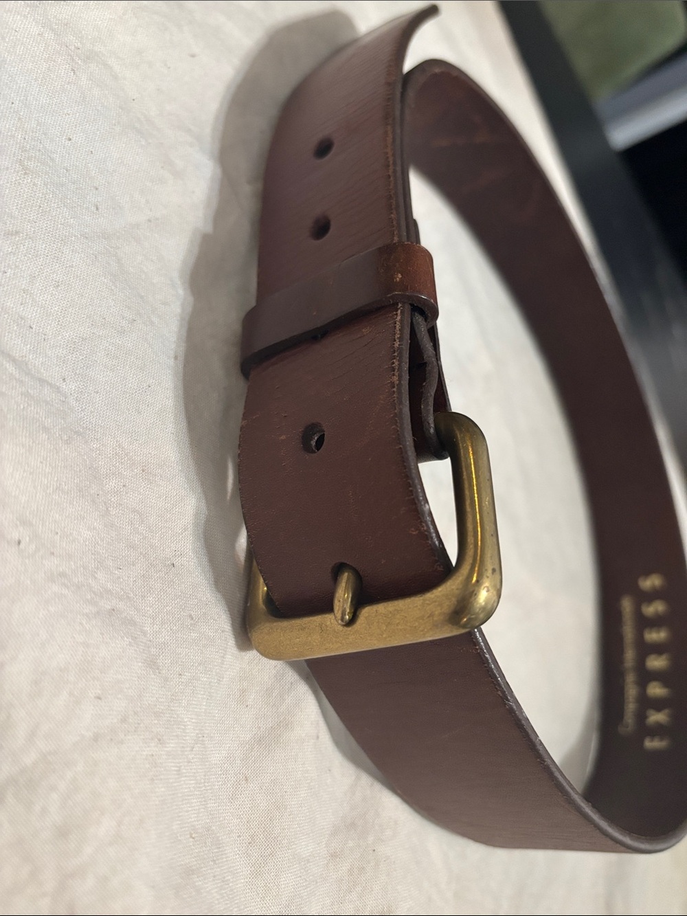 Express Men’s Brown Leather Belt with Brass-Tone Buckle